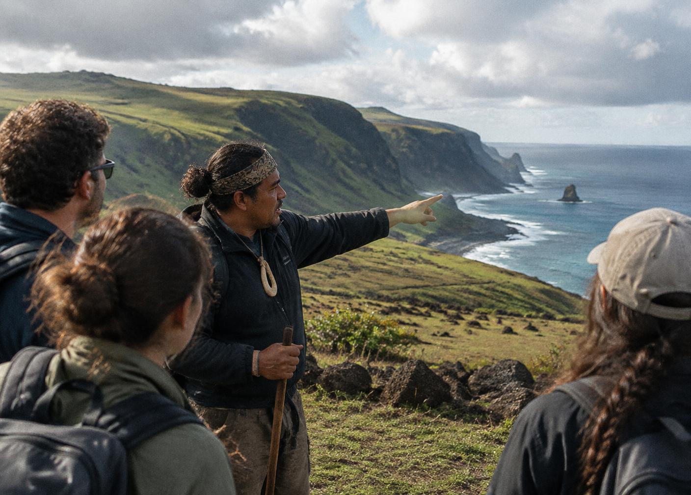 Guía local mostrando la costa de Rapa Nui a un grupo de viajeros