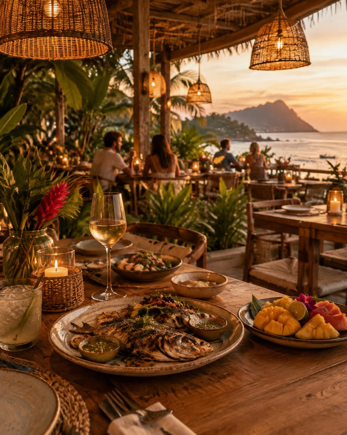 Mesa servida en la terraza del restaurante al atardecer