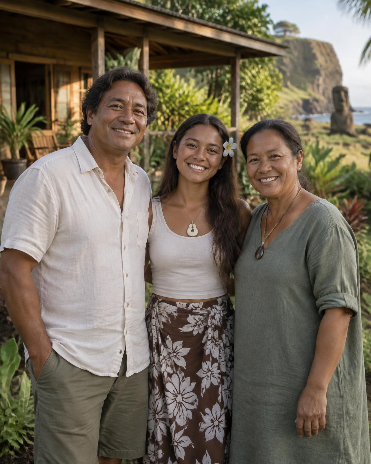 Familia anfitriona de Henua Iti en el jardín de las cabañas