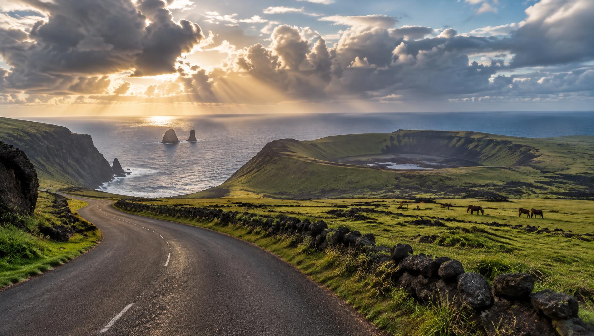 Camino costero de Rapa Nui con el océano y un cráter al fondo