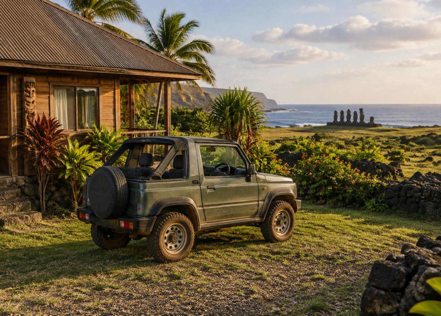 Jeep de arriendo estacionado junto a las cabañas