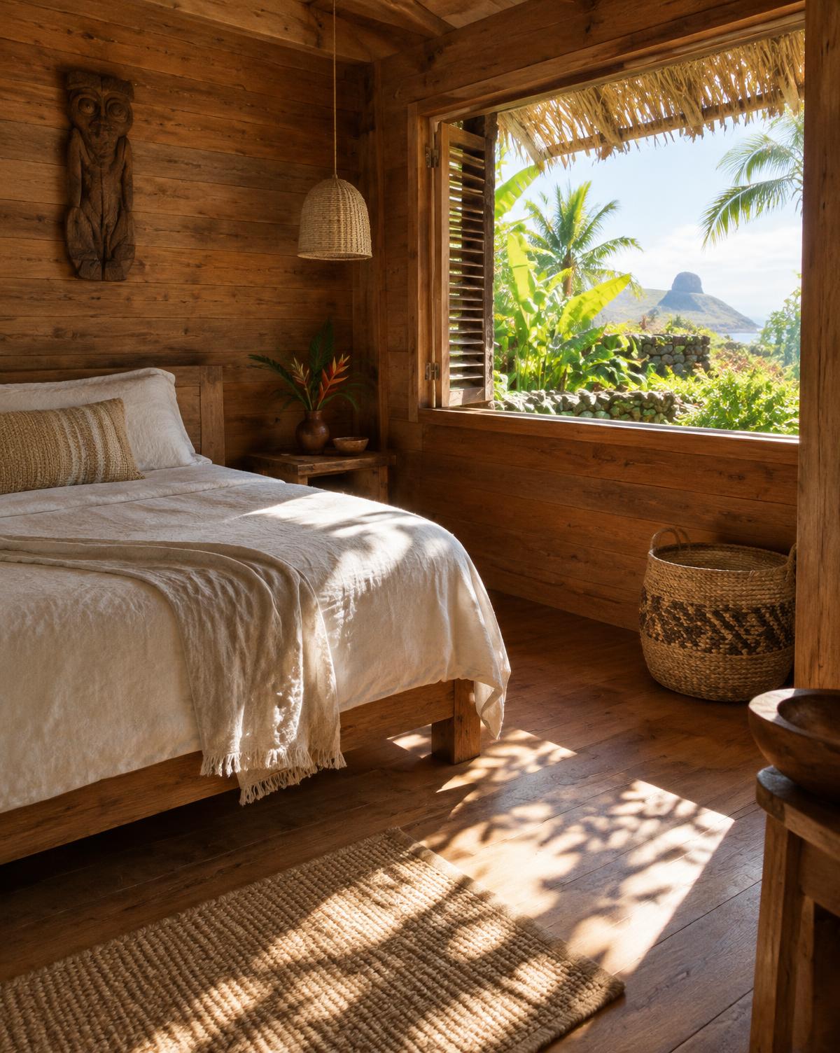 Interior de una cabaña de madera con luz natural