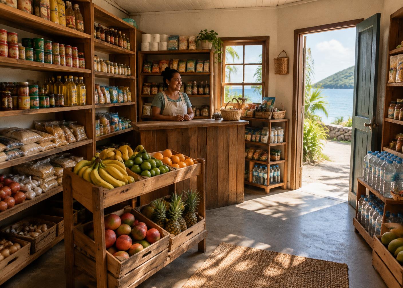 Minimarket con frutas y productos básicos