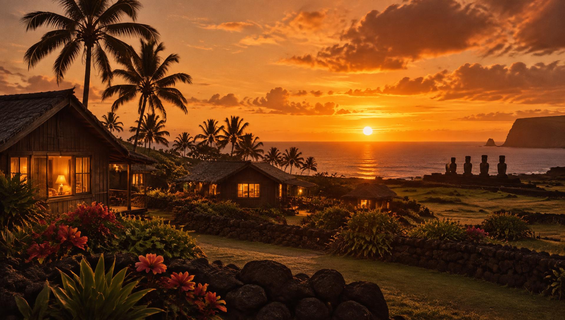 Atardecer sobre las cabañas y jardines de Henua Iti en Rapa Nui