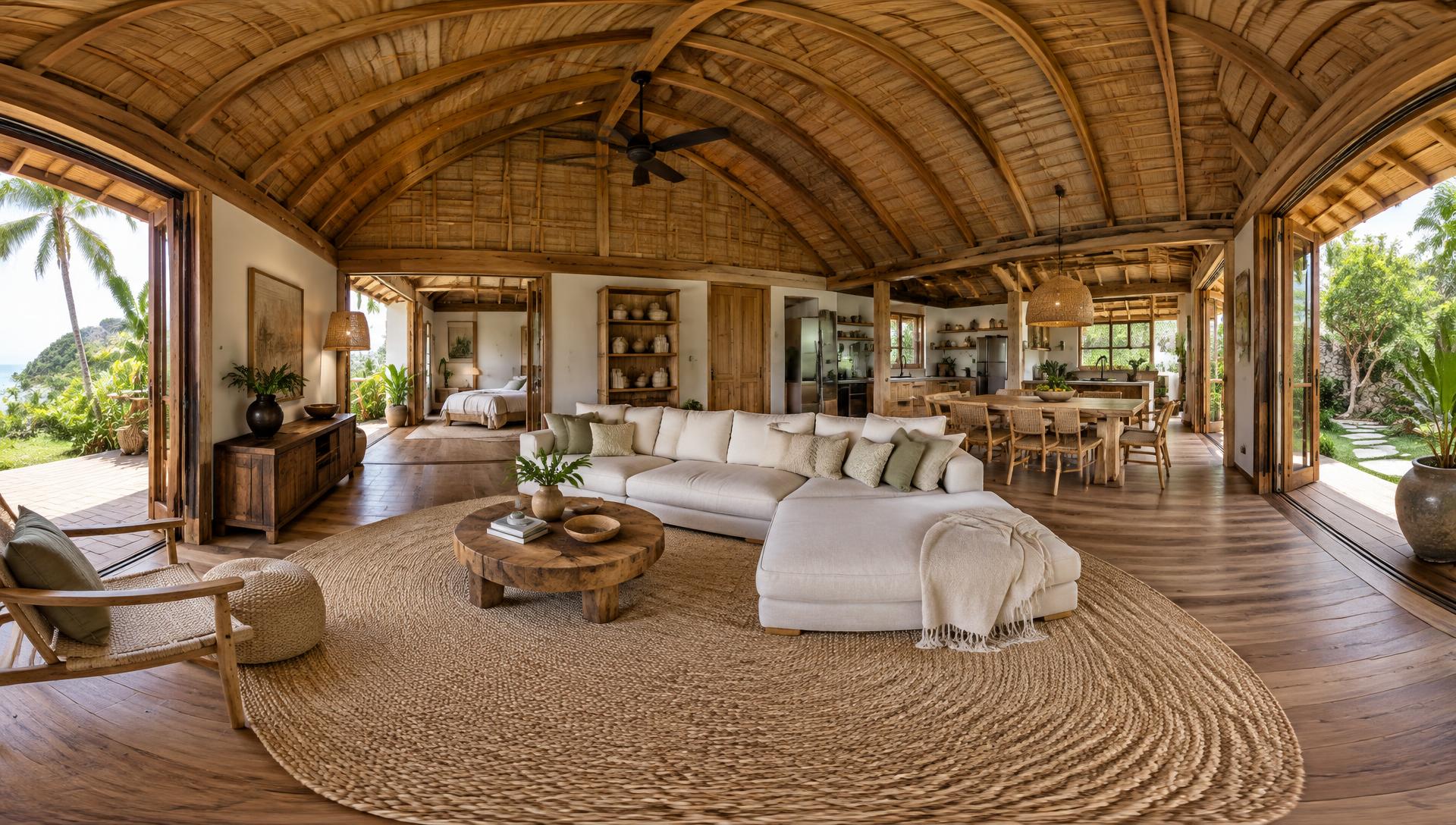 Vista panorámica 360° del interior de una cabaña de Henua Iti